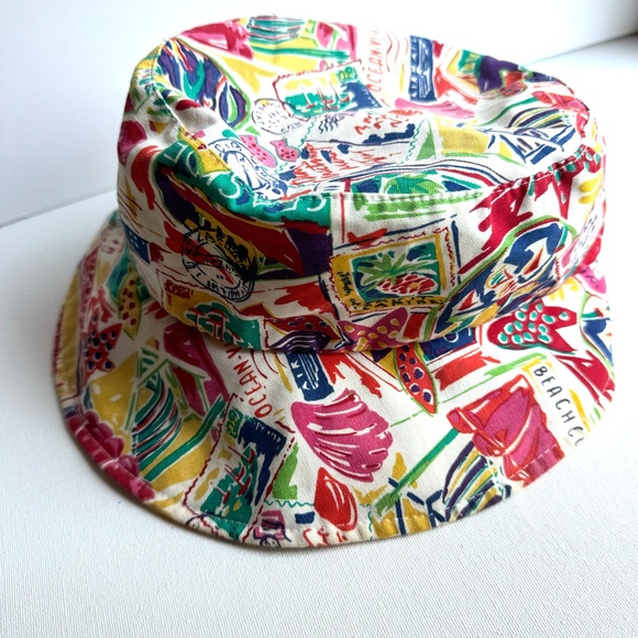 Vintage Liz Claiborne Retro Beach Postcard Print Bucket Hat 1994 - Picture 7 of 10